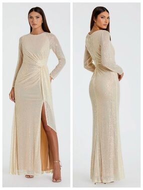 Mac Duggal | Pearl Sequin Draped Long Sleeve Formal Gown Dress | 10 | NWT |$398